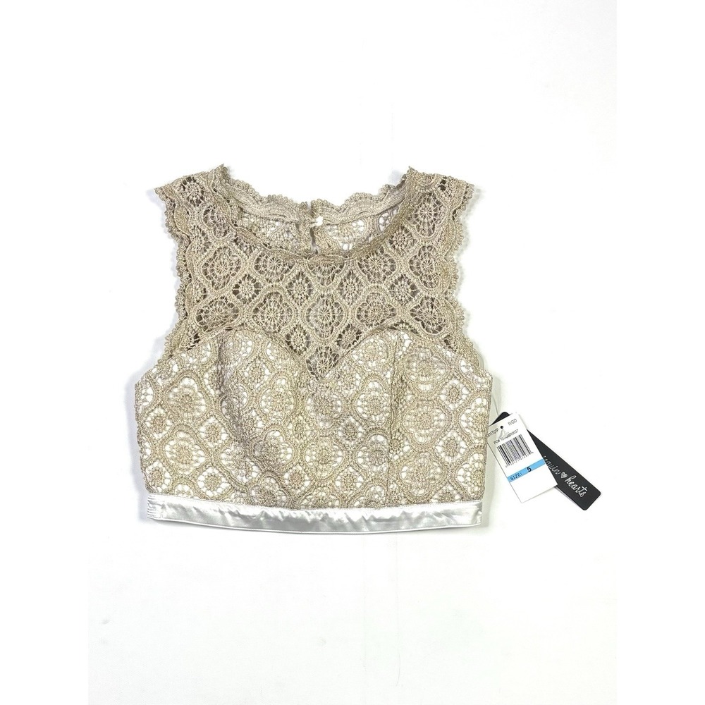 Sequin Hearts Crop Top Girls 5 NWT Gold Metallic Crochet Lace Sleeveless